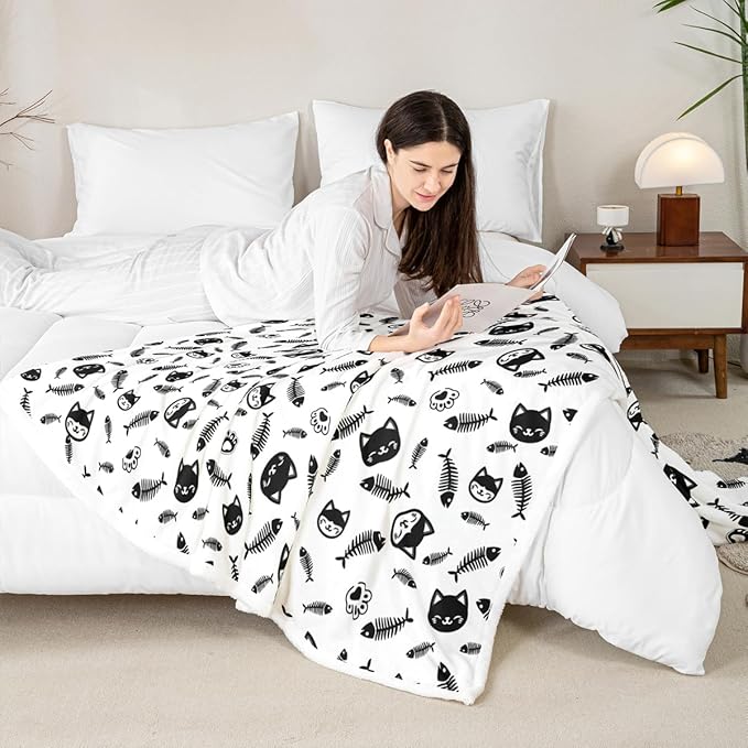 Cute Cats Kids Throw Blanket,Cartoon Cats Pets Paws Print Bed Blanket for Girls Boys Adults,Lovely Animals Kawaii Fleece Blanket,Black White Fuzzy Blanket,Throw Size (50 x 60 Inches)
