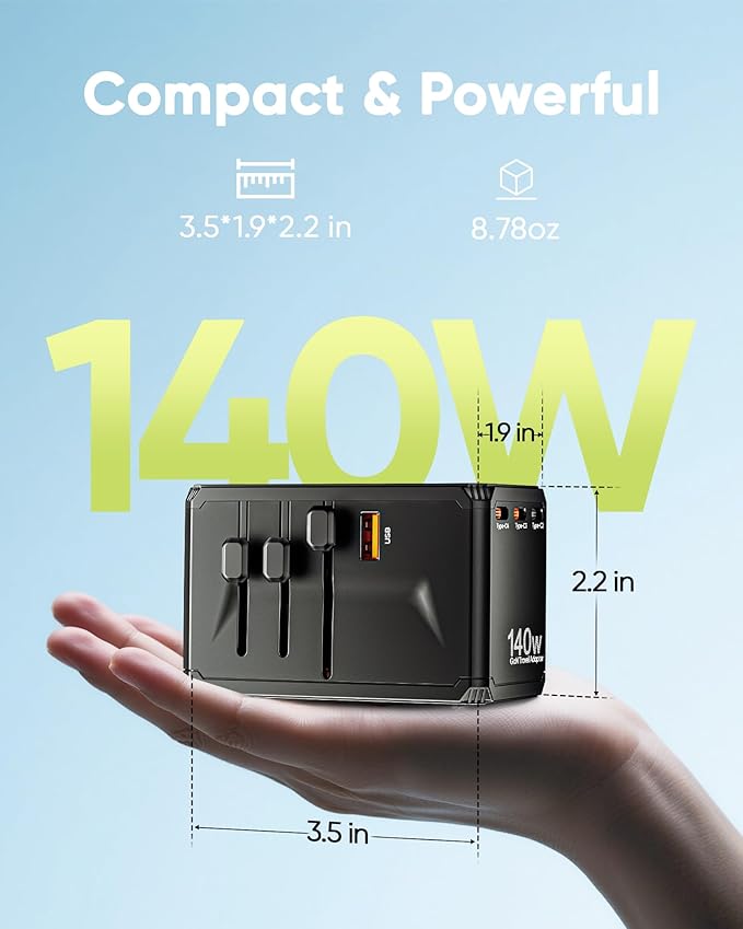 TenTrend Universal Travel Adapter, 140W International Power Adapter with 4 USB-C & 1 USB-A Ports, European Travel Plug Adapter, Worldwide Travel Essentials for EU UK AUS USA