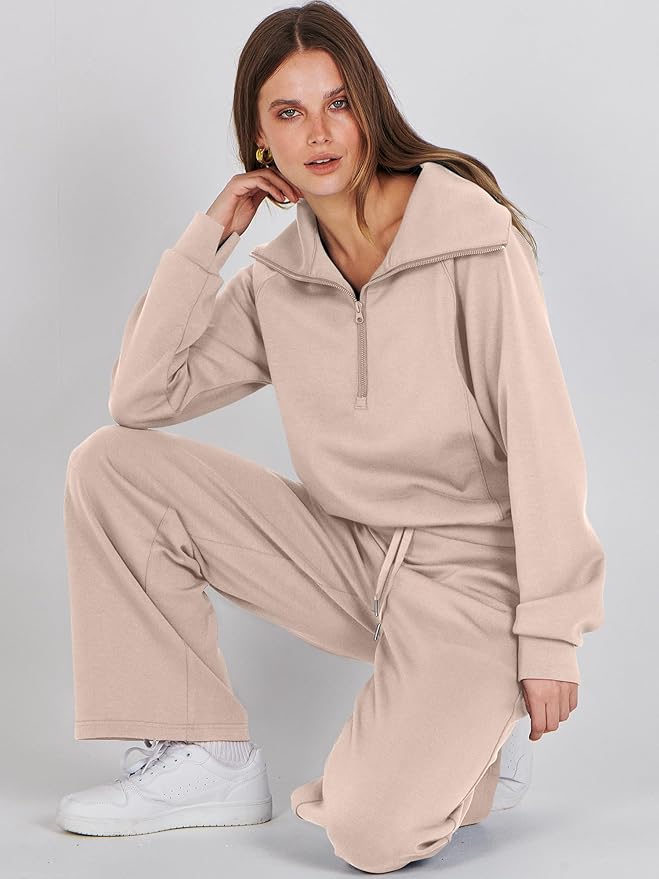 ANRABESS Women 2 Piece Outfits 2025 Fall Fashion Airport Wide Leg Pants Lounge Set Leisure Travel Vacation Clothes Sweatsuits