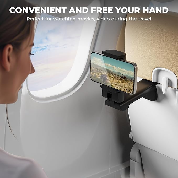 Airplane Phone Holder, Dual 360° Rotation Plane Phone Holder Travel Essentials for Long Flight, Desk, Tray, Compact Cell Phone Mount w/ Durable Automatic Spring Clamp, Phone Gadget for Long Trip, Gym
