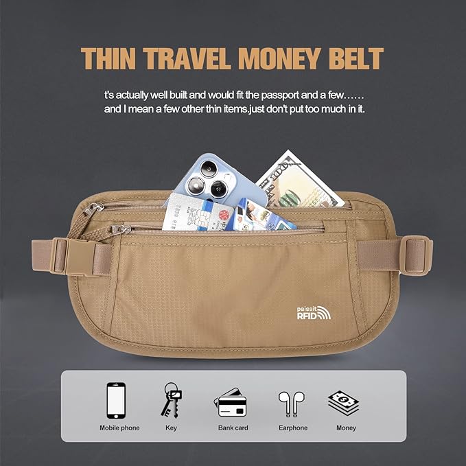 Unisex Money Belt For Men and Women, Slim Passport Holder RFID Blocking Travel Essentials Pouch with Adjustable Strap Small Waist Pouch for Workout Running Travelling Hiking, Beige & Light Grey