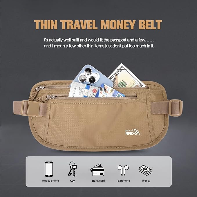 Unisex Money Belt For Men and Women, Slim Passport Holder RFID Blocking Travel Essentials Pouch with Adjustable Strap Small Waist Pouch for Workout Running Travelling Hiking (Beige 2 Packs)