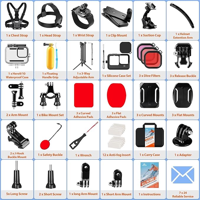 HONGDAK 70in1 Upgrade Action Camera Accessories Kit Compatible with GoPro Hero 13 12 11 10 9 8 7 6 5 4 Max 11 mini Insta360 X5 X4 X3 GO3 DJI Osmo Action 6 5Pro 4 3 AKASO Sony Sports DV