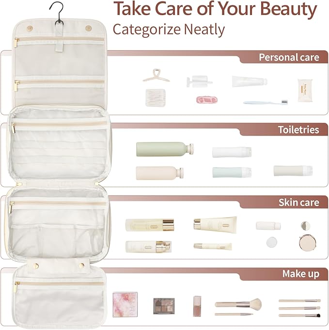PACKISM Hanging Travel Toiletry Bag for Women - Quilted Plaid PU Leather Travel Makeup Bag with Detachable Bag, Waterproof Cosmetic Bag for Full-Sized Toiletries Fit Bathroom Cruise, Off-white (M)