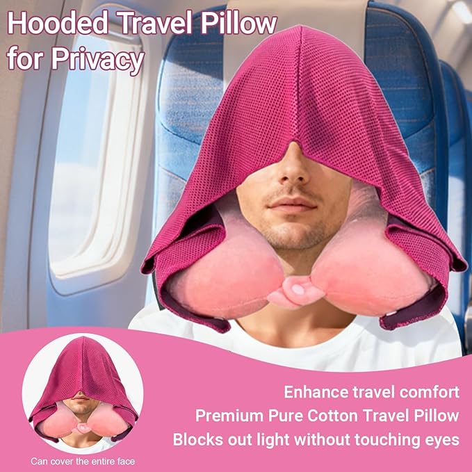 Travel Pillow with Removable Large Hood, Memory Foam Neck Pillow for Airplane, Car, Train Travel Sleeping & Rest, with Soft Cover (Pink)