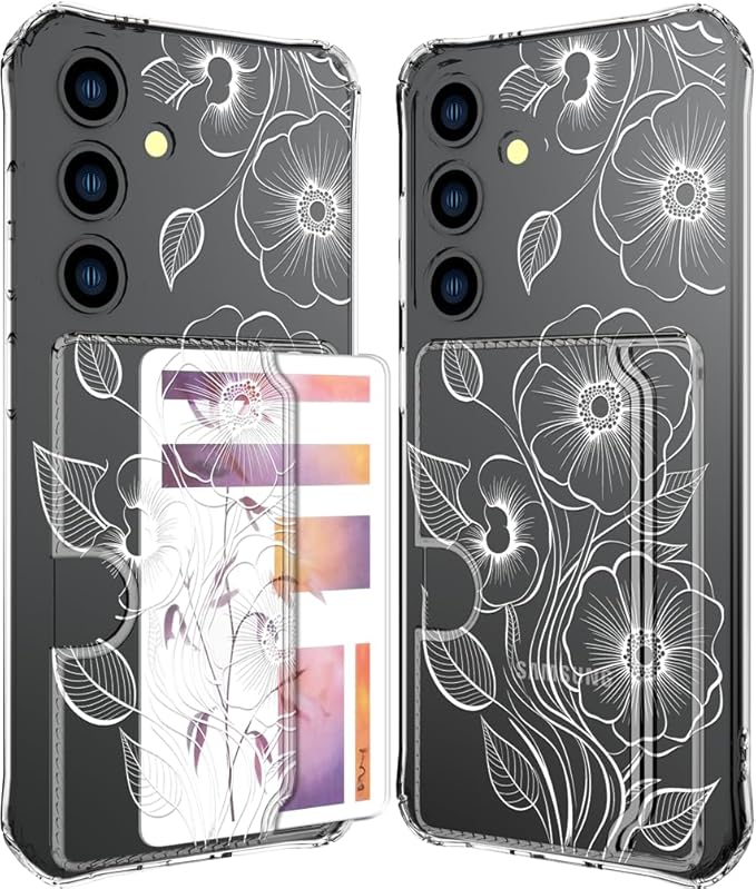 Compatible with Samsung Galaxy S24+ Plus / S25+ Plus Case Card Holder for Women Cute Design,Wallet Phone Cases Transparent Cool Kawaii Protective (Clear Seamless Abstract Flower)