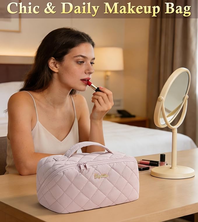 Travel Makeup Bag, 3 Pcs Large Capacity Puffy Toiletry Bag for Women, Open Flat Make up Cosmetic Organizer w/Handle & Clear Divider Water-resistant Portable Pouch Travel Essentials, L-Cream White