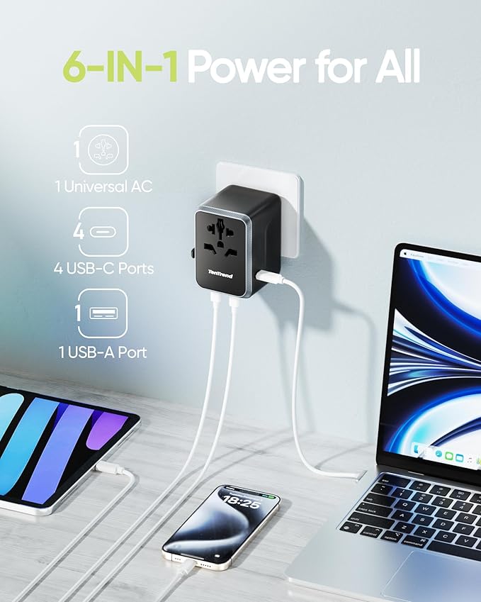 TenTrend Universal Travel Adapter, 30W International Power Adapter with 4 USB-C & 1 USB-A Ports, European Travel Plug Adapter, Worldwide Travel Essentials for EU UK AUS USA