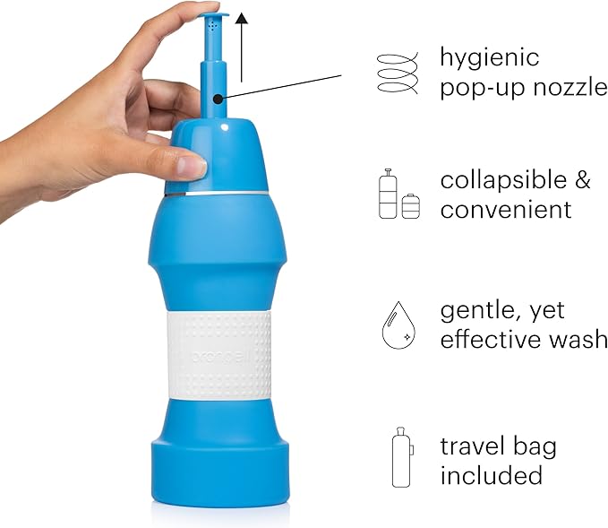 Brondell GoSpa Travel Bidet – Portable Peri Bottle for Postpartum & Perineal Care, 500ml Handheld Bidet with Angled Nozzle, Collapsible Design, Nozzle Storage & Travel Bag, Blue
