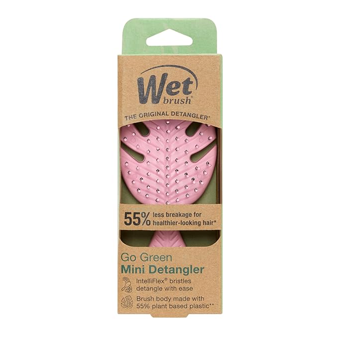 Wet Brush Go Green Mini Detangler, Pink - Detangling Travel Hair Brush - Ultra-Soft IntelliFlex Bristles Glide Through Tangles & Gently Loosens Knots While Minimizing Pain, Split Ends & Breakage