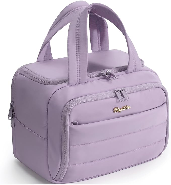 Bagstellar Travel Toiletry Bag for Women, Lightweight Large Quilted Puffy Makeup Bag Wide-open Make up Organizer Cloud Cosmetic Bag w/Handle for Traveling, Toiletries, Essentials Accessories Lavender