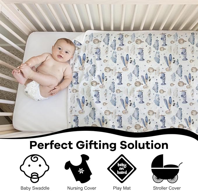 Unisex Plane Hot Air Balloons Transportation Theme Baby Nursery Throw Gift Blanket for Boys Girls, Aircraft Clouds Stars Pattern Swaddle Receiving Bed Blanket for Newborn Toddlers Kids-40x50