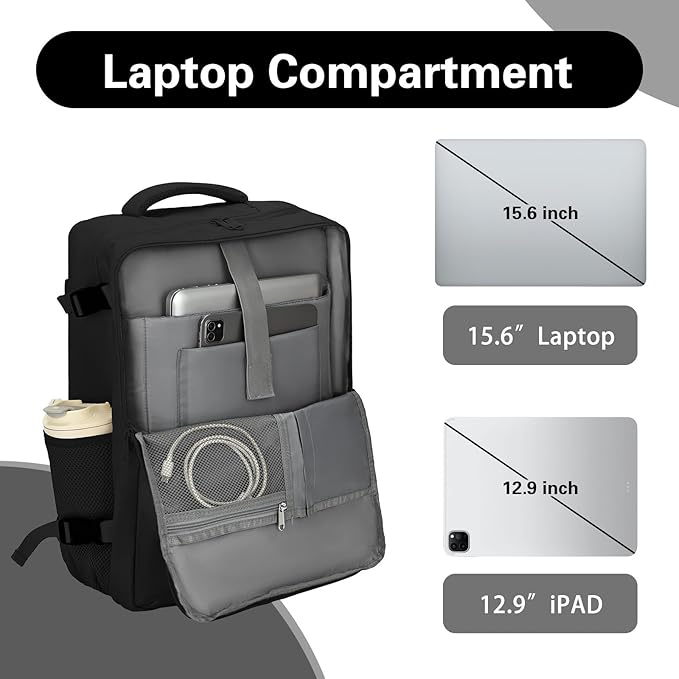 Carry On Backpack for Women & Men – Airline Approved Underseat Size, 15.6" Laptop Compartment, TSA-Friendly 180° Opening, Anti-Theft Business Travel Backpack with Trolley Sleeve (Black, Medium)