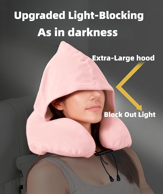 Travel Neck Pillow with Extra Large Hood Rollable Airplane Hooded Neck Pillow with Memory Foam Filling and Removable, Skin-Friendly Cover with a Carrying Case & Pouch (Velvet)