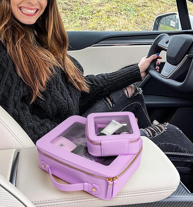 LETGO Clear Makeup Bag Organizer Set,Portable Travel Toiletry Case for Women, Vegan Leather Cosmetic Pouch Car Bag for Essentials(Mini+Large Purple)