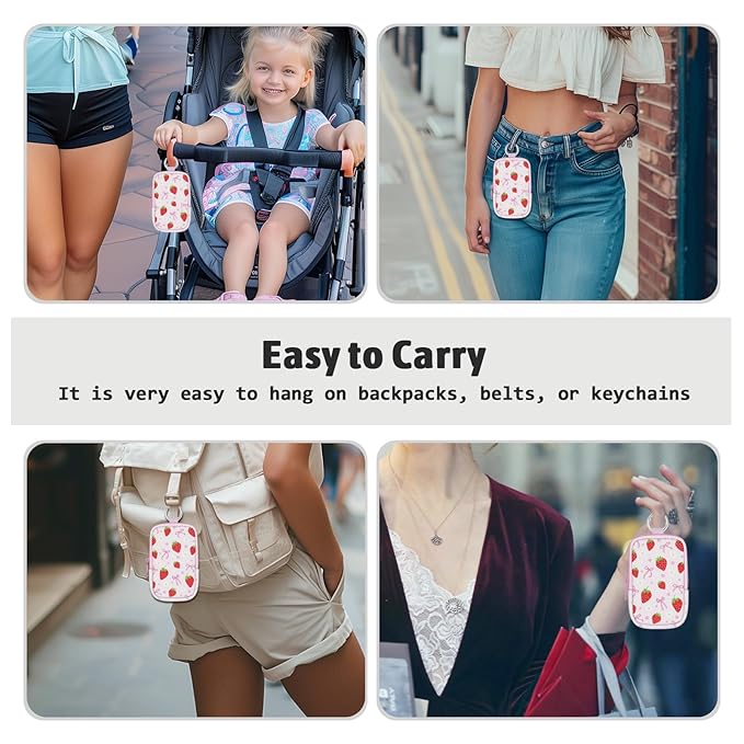 Hand Sanitizer Spray Case, Strawberry Bow Hand Sanitizer Holder Zippered Pouch, Cute Fashion Accessory with Snap Hook for Glow Mist and Power Mist 1FL OZ