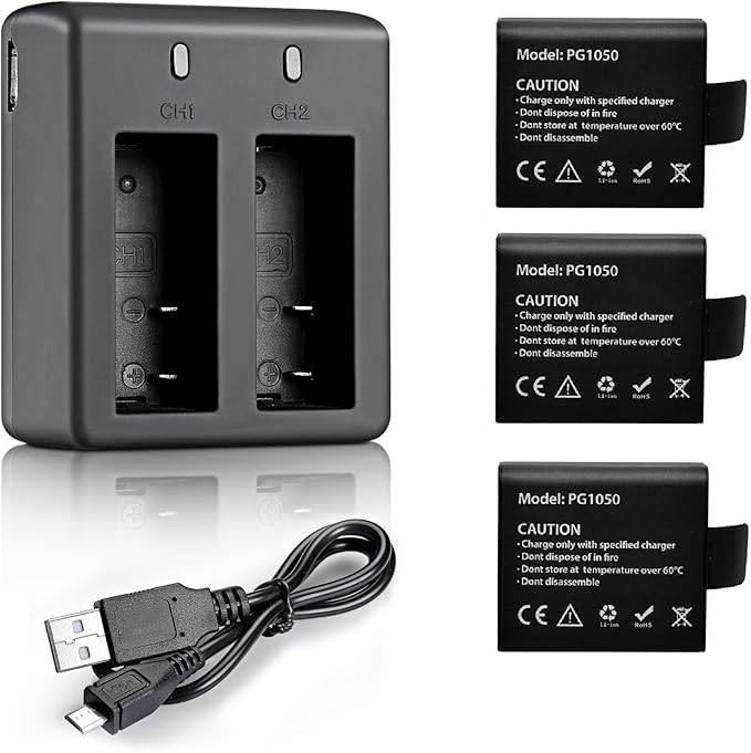 3 x 1050mAh Rechargeable Action Camera Battery with USB Dual Charger Compatible with AKASO EK7000/Brave 4/V50X/Apexcam/VEMONT/Dragon Touch Vision 3/REMALI CaptureCam/Jadfezy Action Camera