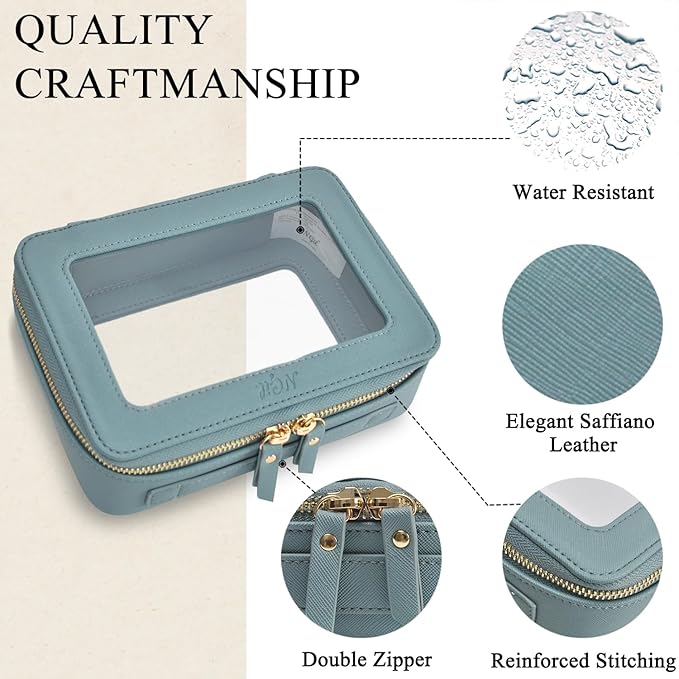 NGIL Clear Faux Leather Travel Toiletry Bag, Makeup Bag Organizer for Women, Clear Window & Gold Zipper Makeup Bag, Road Trip Essential, Skincare, Cruise Ship Essentials (Blue)
