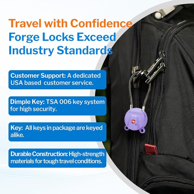 Forge TSA Approved Luggage Locks Ultra-Secure Dimple Key Locks, Cable Lock, for Travel with Zinc Alloy Body- 2 Purple Locks