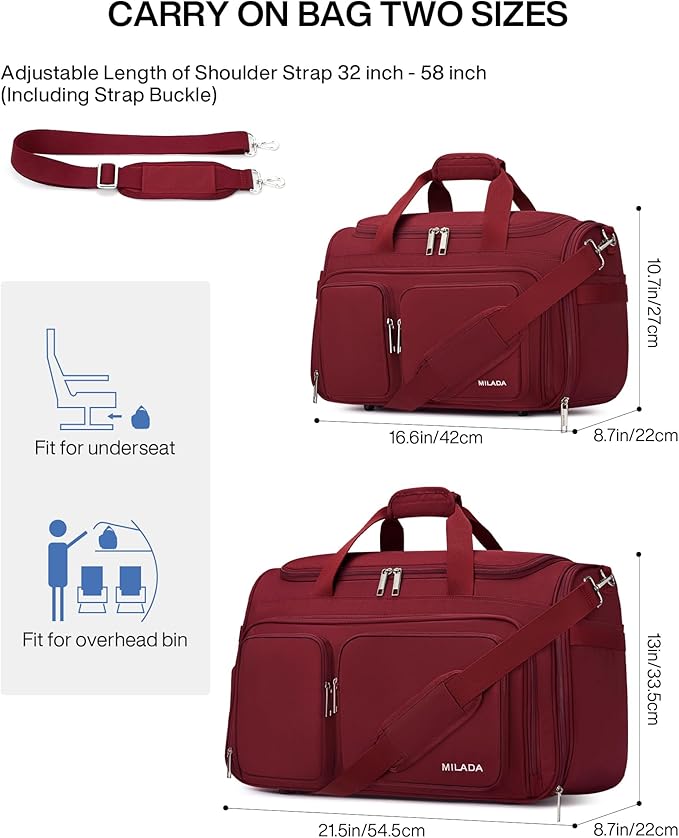 MILADA Carry On Luggage Bags for Travel Lightweight Personal Item Travel Bag Foldable Large Duffle Bag for Travel Tote Overnight Bags for Women Mens Weekender Bags, Burgundy