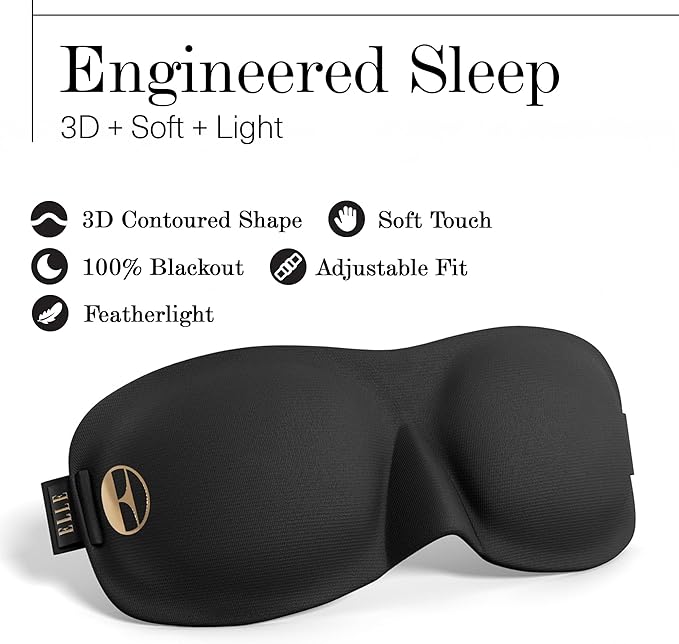 ELLE Contoured Sleep Mask – Chic, Lash-Friendly 3D Design for Side Sleepers – 100% Light Blocking Eye Shade for Travel & Beauty Rest