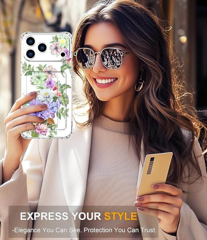 Compatible with iPhone 17 Pro Case Card Holder for Women Cute Design,Wallet Phone Cases Transparent Cool Kawaii Protective (Clear Impressive Flowers)