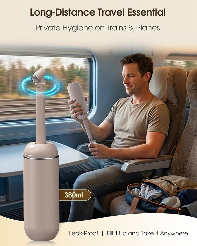 Portable Bidet for Travel & Camping - Manual Squeeze Handheld Peri Bottle for Feminine Hygiene, 3 Leak-Proof Seals, Extendable Sprayer with Rotating Nozzle for Men & Women (Khaki, General)