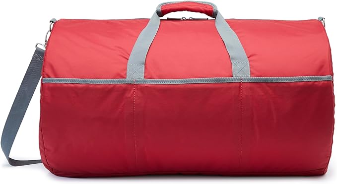 Amazon Essentials 25-inch Foldable Packable Nylon Duffel Bag for Travel and Sports with Multiple Zippered Pockets, 35 lb Weight Capacity, Collapsible for Easy Storage, Red