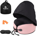 Neck Pillow for Travel - Hooded Memory Foam Plane Pillow for Airplane, Office, Cars Sleeping, Long Flights, Portable Plane Accessories, Includes Eye Mask & Earplugs, Pink