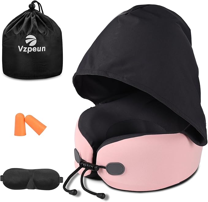 Neck Pillow for Travel - Hooded Memory Foam Plane Pillow for Airplane, Office, Cars Sleeping, Long Flights, Portable Plane Accessories, Includes Eye Mask & Earplugs, Pink