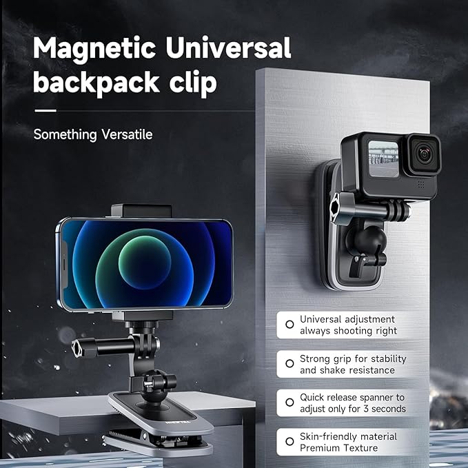 TELESIN Magnetic Mount, 360° Rotating Backpack Clip with Phone Holder for iPhone Accessories for Hero 13 12 11 10 Akaso Insta360 Ace Pro 2 X5 X4 X3 DJI Nano Action 6 5 Pro 4 3 Pocket 3 Bike Motorcycle