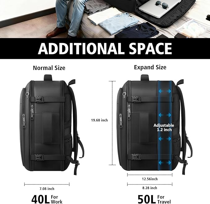 tazbuzo Travel Backpack For Men, Extra Large 50L Flight Approved Carry on Backpack, Expandable Waterproof Business Suitcase Daypack Big Bag Fits 18.4 Inch Laptop, Black