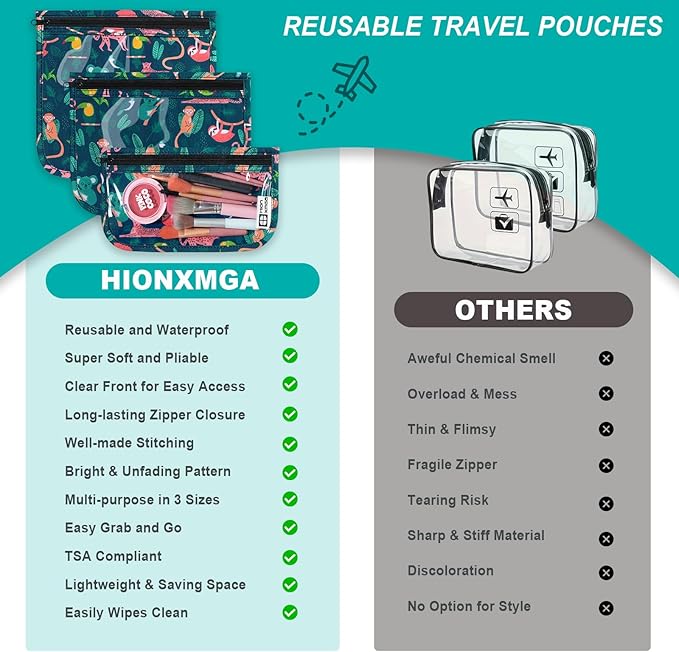 HIONXMGA TSA Approved Toiletry Bag, Set of 3 Clear Travel Toiletry Bag Quart Size Zipper Travel Pouch, Waterproof Makeup Cosmetic Bag for Women Men Kids Toiletries Carry on, Jungle