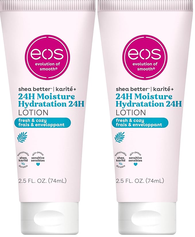 eos 24H Moisture Travel Body Lotion- Fresh & Cozy,Travel Size Essential,Toiletries,Mini Body Lotion,2.5 fl oz,(Pack of 2)