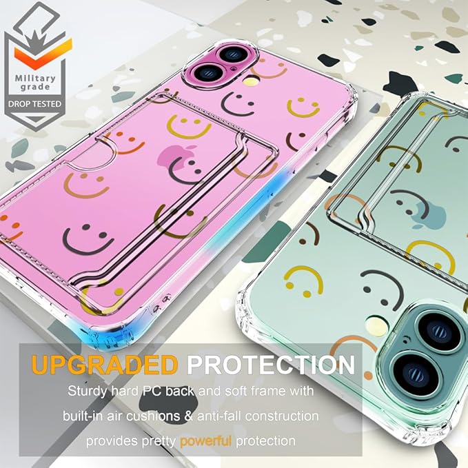 Compatible with iPhone 17 Case Card Holder for Women Cute Design,Wallet Phone Cases Transparent Cool Kawaii Protective (Clear Smiley Face)