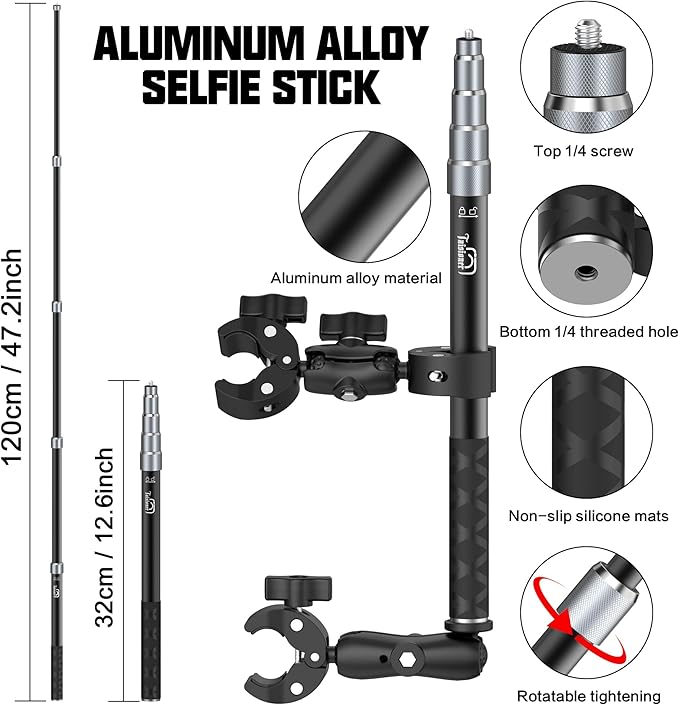 Taisioner Aluminum Alloy Motorcycle Handlebar Mount Double Clamp Locking Anti-Fall, 47" Invisible Selfie Stick for Insta360 X5/X4/X3/X2/ONE RS/GO 2/3 Hero 13-7 DJI Camera