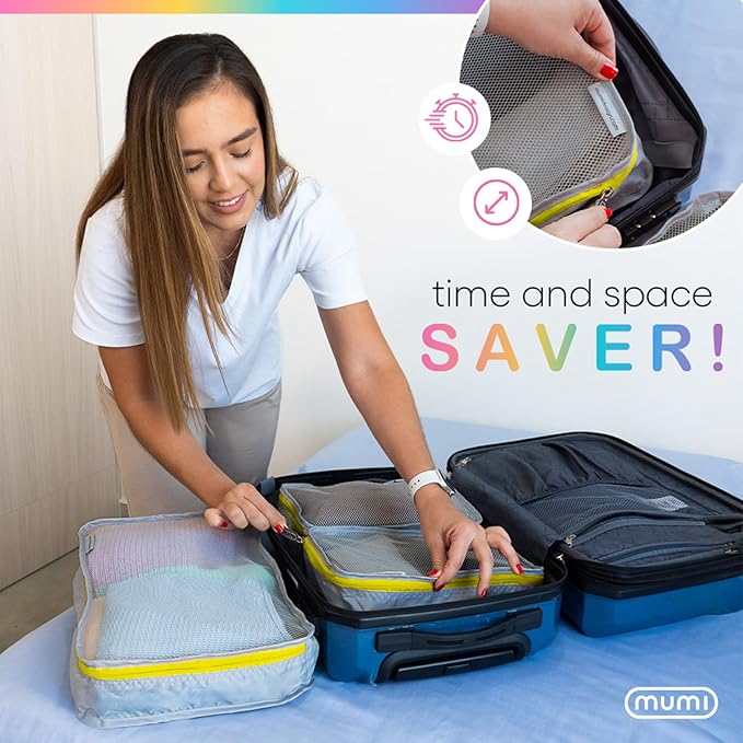 MUMI Packing Cubes - 5 Compression Packing Cubes for Travel, Luggage Organizer Bags for Suitcases, Carry-On, Duffle or Backpack – Mesh, Waterproof Bags for Clothes, Kids & Travel Accessories - Yellow