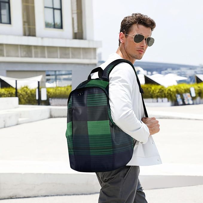 Anti Theft Backpack Laptop Bag Laptop Bag 15.6 Inch for Women & Men Outing Work Family TravelBuffalo Plaid Check Navy Blue Green