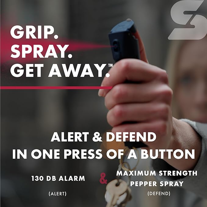Sabre 2-in-1 Pepper Spray with 130dB Personal Alarm, Alert and Defend with One Press, Fast Flip Top Safety with Finger Grip and Tuck-Away Keyring, Maximum Strength, UV Marking Dye