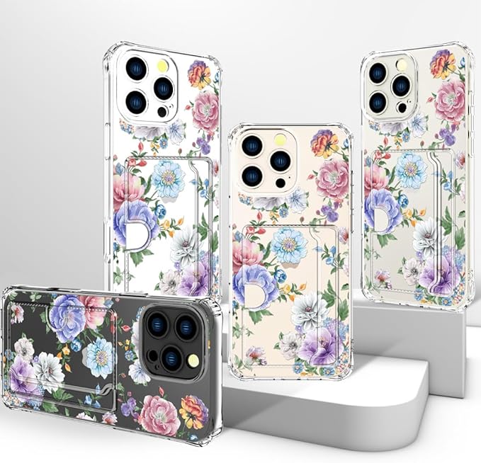 Compatible with iPhone 16 Pro Case Card Holder for Women Cute Design,Wallet Phone Cases Transparent Cool Kawaii Protective (Clear Amazing Lovely Flowers)