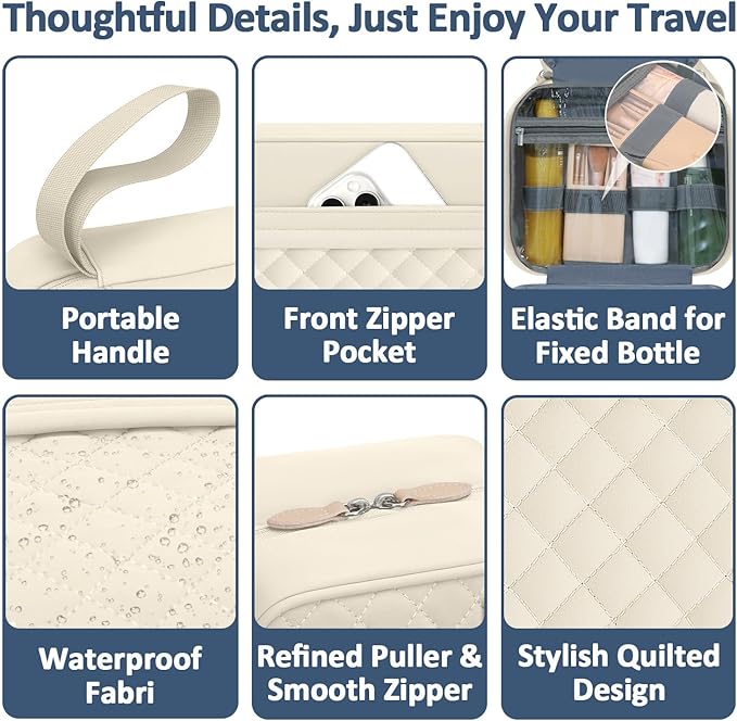 Vankor Travel Toiletry Bag for Women with Hanging Hook, Waterproof TSA Approved Cometic Toiletry Bag Organizers Leakproof Make up Bags for Women Beige