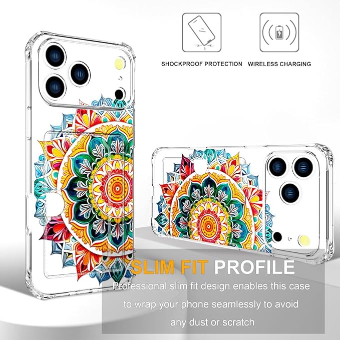 Compatible with iPhone 17 Pro Case Card Holder for Women Cute Design,Wallet Phone Cases Transparent Cool Kawaii Protective (Clear Mandala Henna Flower)