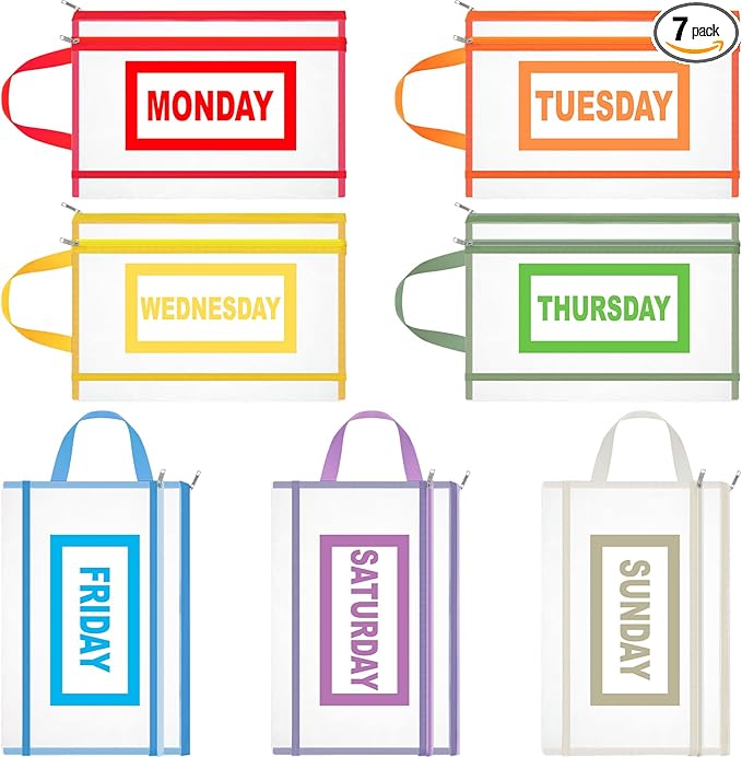 7 Pack Packing Cubes for Travel Days of Week Packing Cubes with Label Clear Zippered Storage Bag for Summer Camp Essential