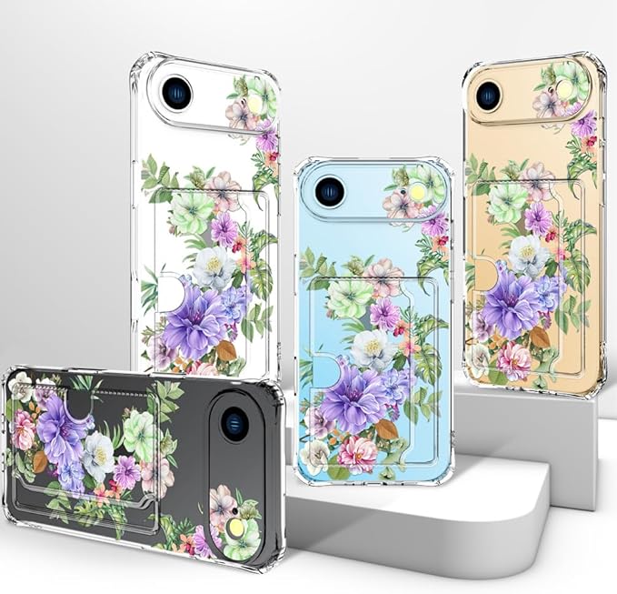 Compatible with iPhone 17 Air Case Card Holder for Women Cute Design,Wallet Phone Cases Transparent Cool Kawaii Protective (Clear Impressive Flowers)