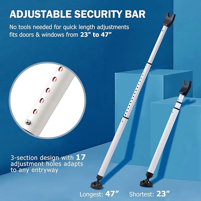 Heavy Duty Sliding Door Security Bar, Adjustable 23"-47" Security Window Stopper Jammer for Home & Travel, Door Lock Stick Bar with Anti-Slip 360° Base Fits All Floors, Hotel/Apartment Safety Device