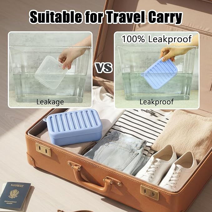 Silicone Leak-Proof Travel Soap Case, Portable Soap Container with Removable Draining Pad, Compact Soap Box for Travel, Gym, Camping, Bathroom(Light Blue)