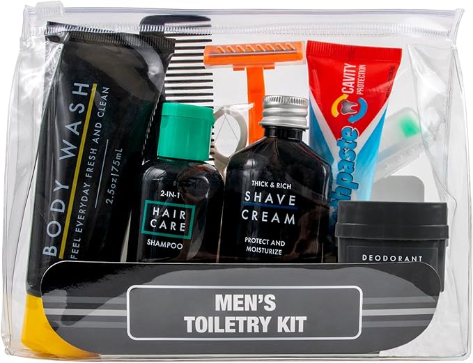 Trail maker Men’s Travel Toiletry Bag with Supplies, 13 Piece Travel Size TSA Compliant Oral Care and Grooming Essentials Kit