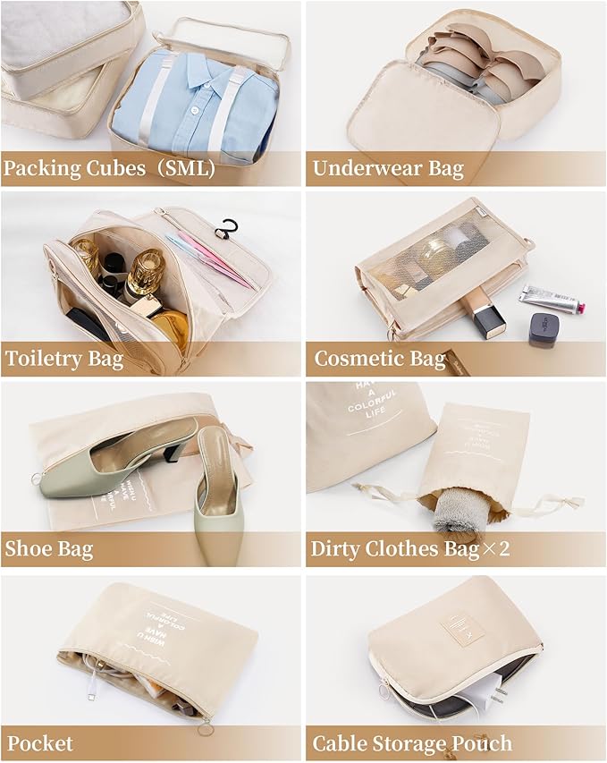Packing Cubes for Suitcase 11PCS Luggage Packing Organizers Travel Essentials Luggage Organizer Hooked Toiletry Bag Cosmetic Bag and Shoes Bag, Beige
