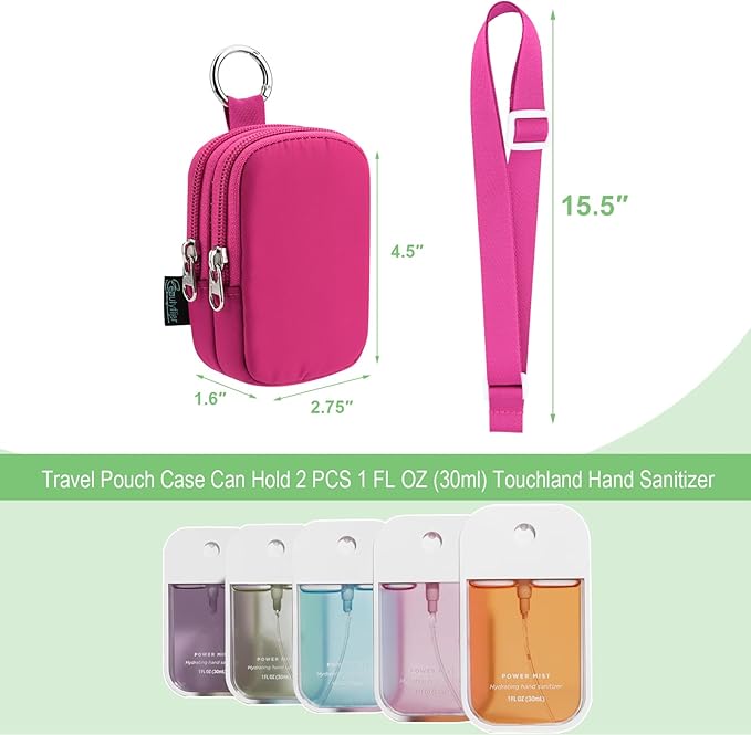 Beautyflier Double Pockets Hand Sanitizer Spray Case for Touchland Power Mist and Glow Mist 1FL OZ, Zipper Pouch for Hand Sanitizer Spray Bottle, with Extra Removable Neck Strap, Fits Travel