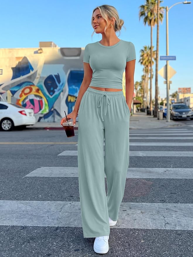 Trendy Queen 2 Piece Matching Summer Lounge Set Womens Side Ruching Top Wide Leg Pants Sets with Pockets